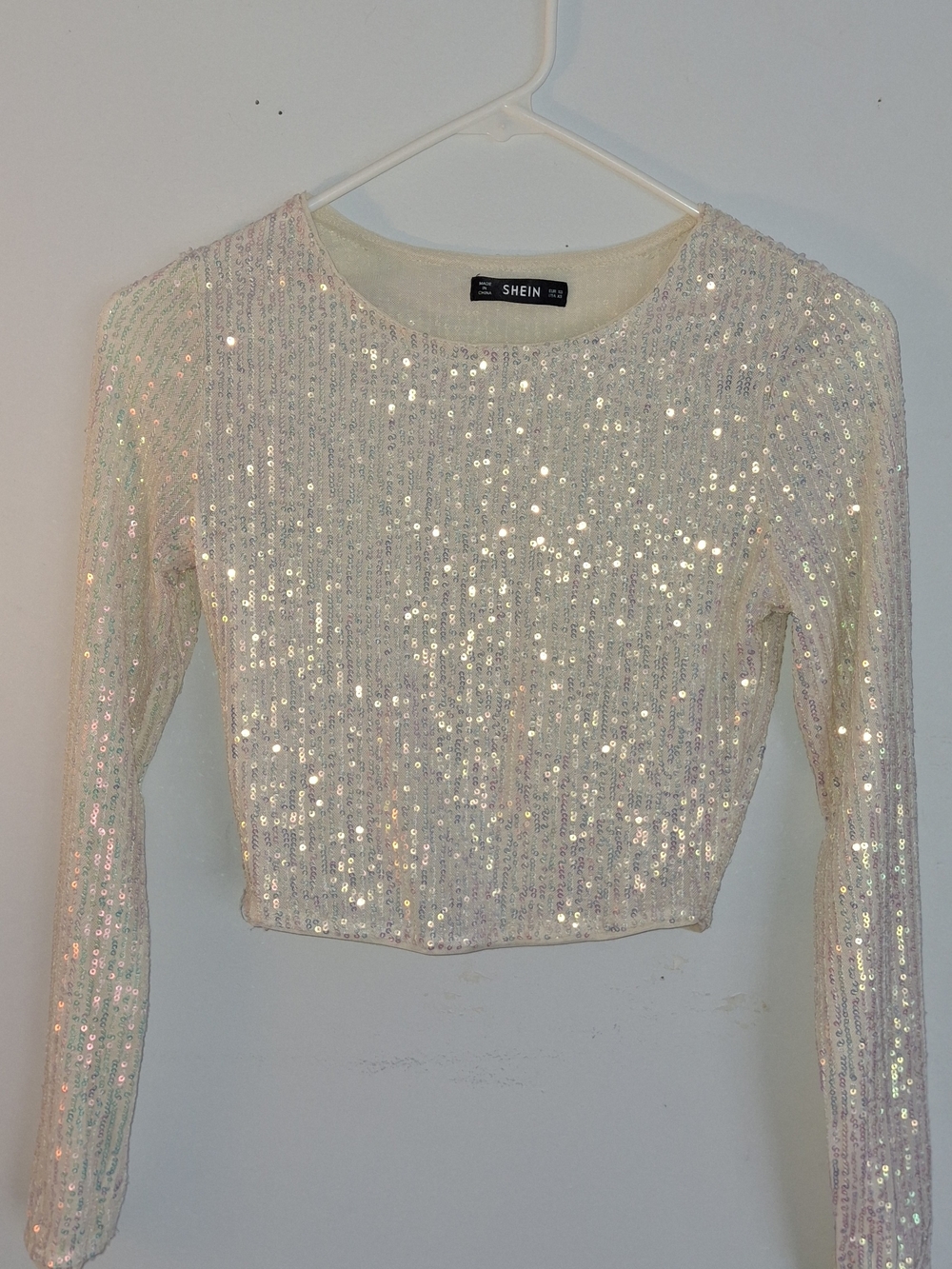 SHEIN Cream Sequin Long-Sleeve Crop Top